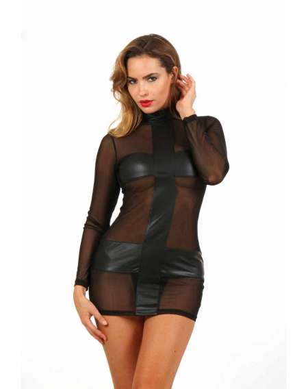 Robe micro résille noir manche longue et wetlook