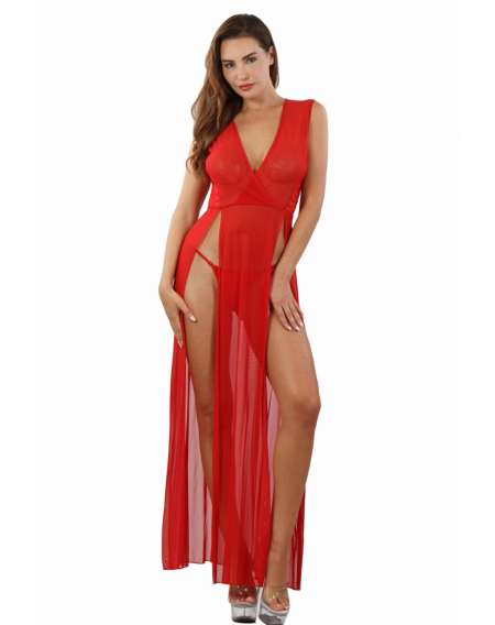 Robe longue micro résille dentelle rouge fendue